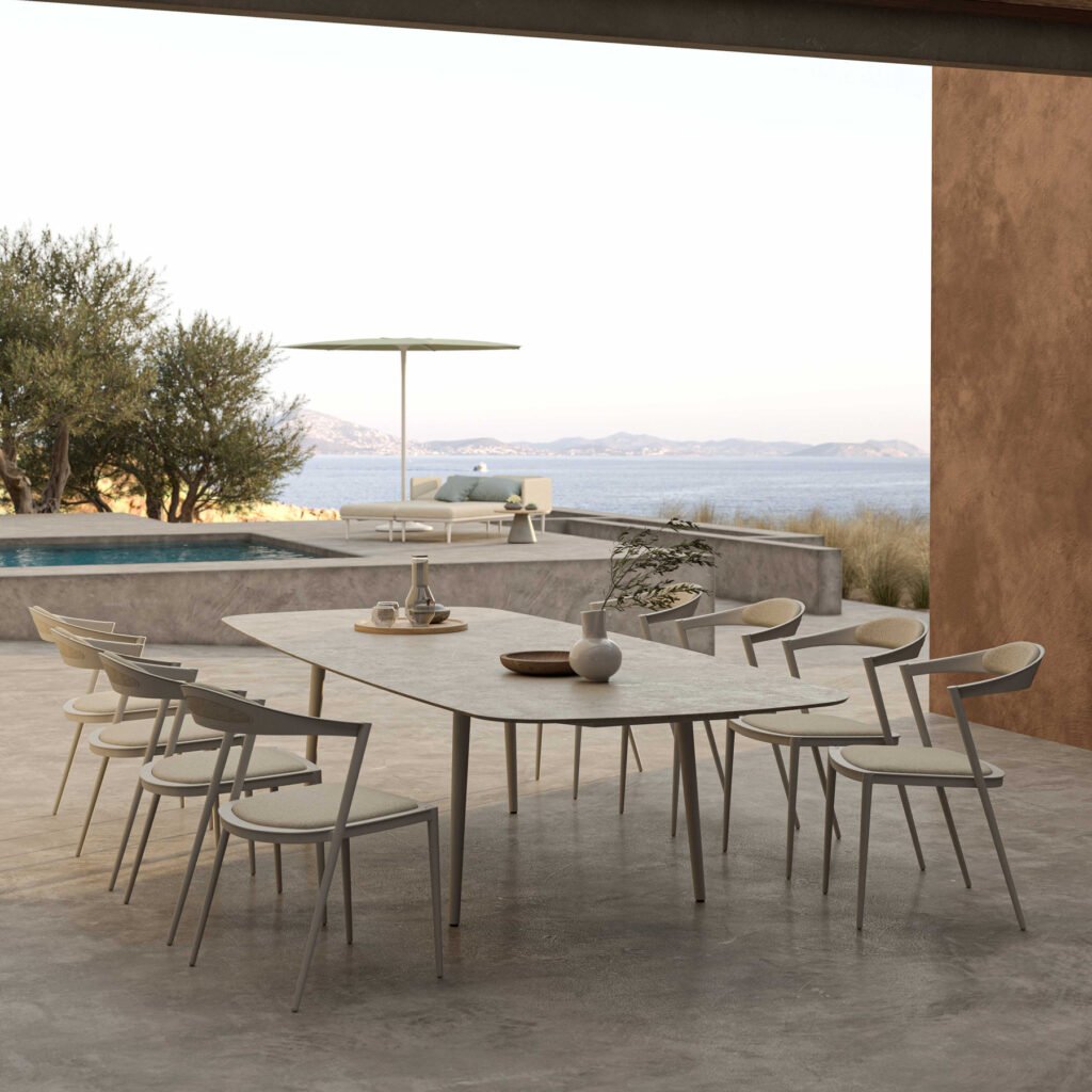 Styletto Low Dining Table 220x120cm Alu Legs White Ceramic Tabletop Terra Sabbia
