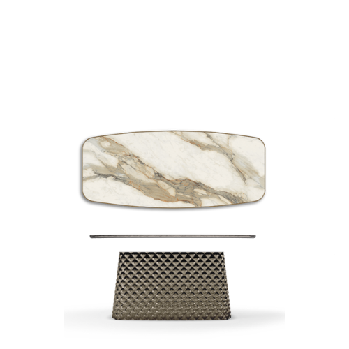 240x120x75h Barrel Shaped_Matt Borghini Calacatta_Mirrored Quilted Bronze Curved Glass_Brushed Grey