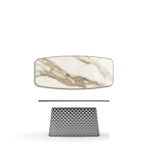 240x120x75h Barrel Shaped_Glossy Borghini Calacatta_Mirrored Quilted Fumé Curved Glass_Brushed Bronze