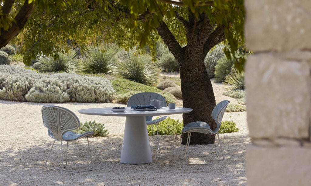 Conix Table 220x120 Cm High Lounge Legs Concrete Cement Grey - Table Top Ceramic Travertino