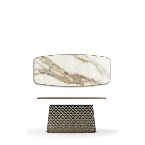 300x128x75h Barrel Shaped_Glossy Borghini Calacatta_Mirrored Quilted Bronze Curved Glass_Brushed Bronze