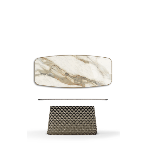 300x128x75h Barrel Shaped_Glossy Borghini Calacatta_Mirrored Quilted Bronze Curved Glass_Brushed Grey