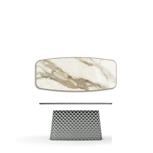 300x128x75h Barrel Shaped_Glossy Borghini Calacatta_Mirrored Quilted Fumé Curved Glass_Brushed Grey
