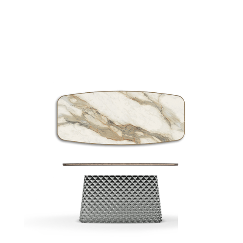 300x128x75h Barrel Shaped_Matt Borghini Calacatta_Mirrored Quilted Fumé Curved Glass_Brushed Bronze