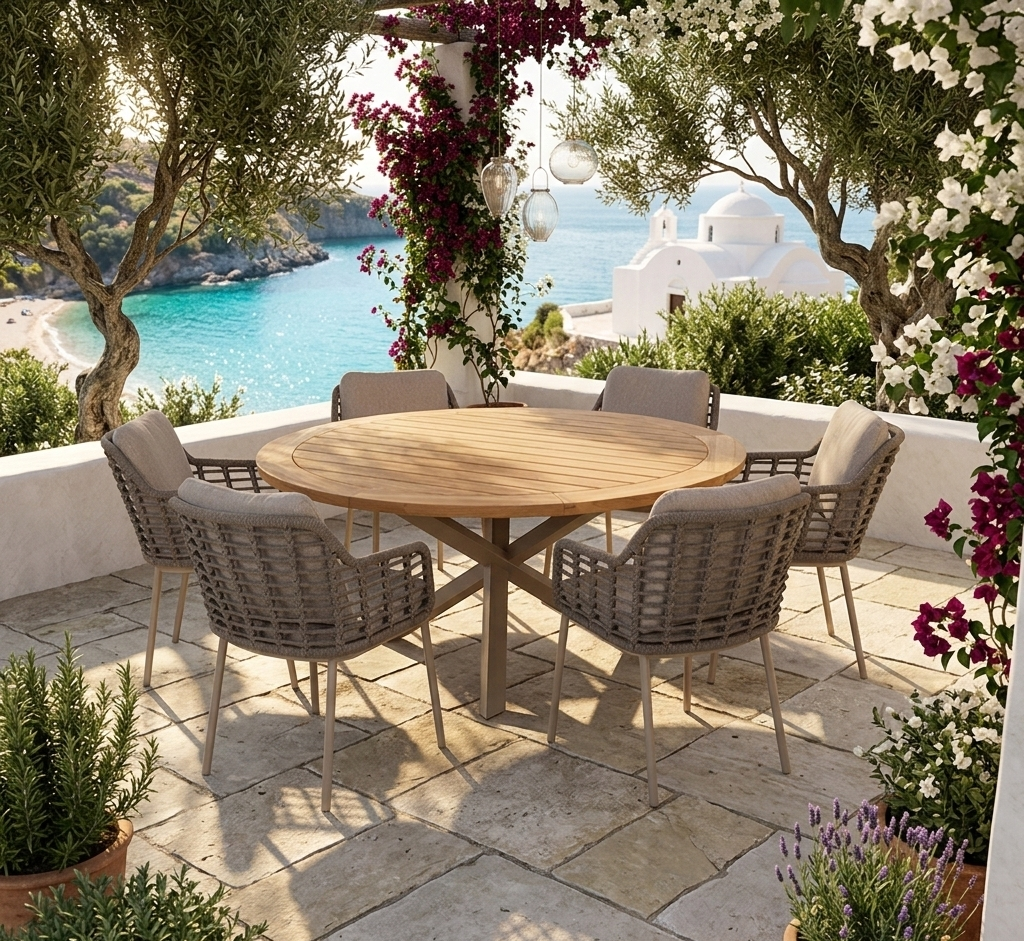 4 Season Outdoor Prado 160cm Latte Legs Teak Top Table with 6 Puglia D ...