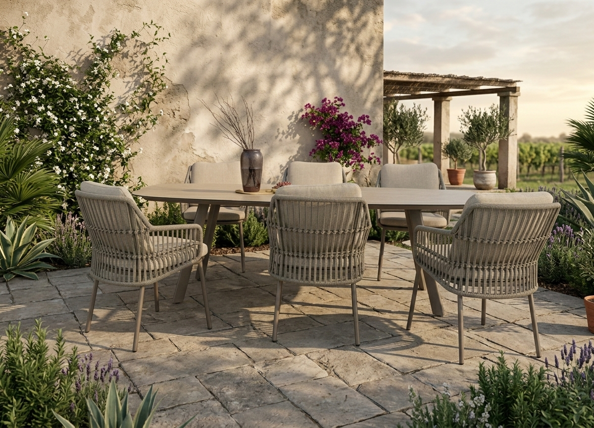 4 Seasons Outdoor Alicante 6 seat with Manolo 240cm Barrel Ceramic Dining Table