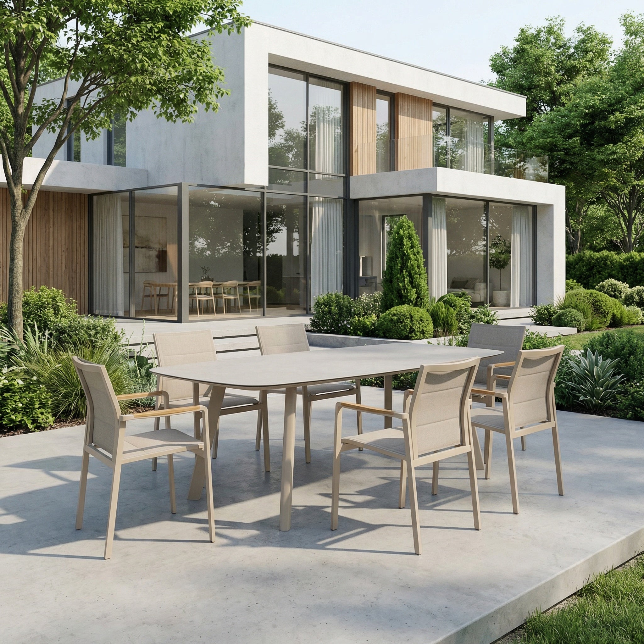 4 Seasons Outdoor Cortina 6 Seat with Manolo 180 cm Barrel Ceramic Dining Table