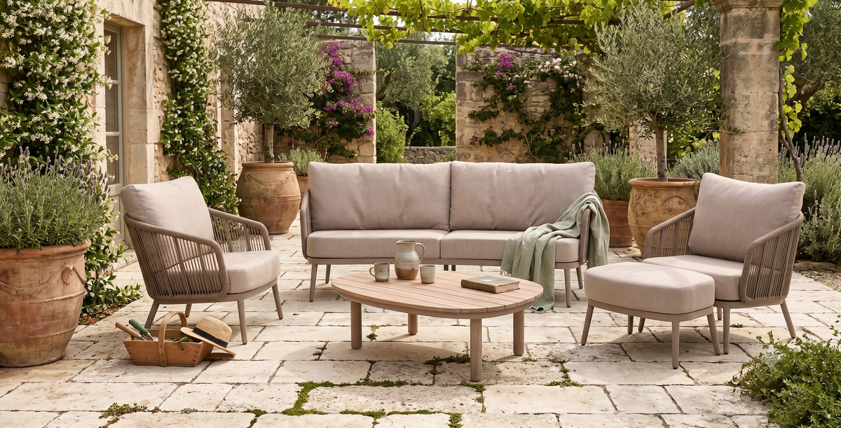 4 Seasons Outdoor Puglia 5 Seat Lounge with Nina 125cm Mango Ceramic Coffee Table & Footstool