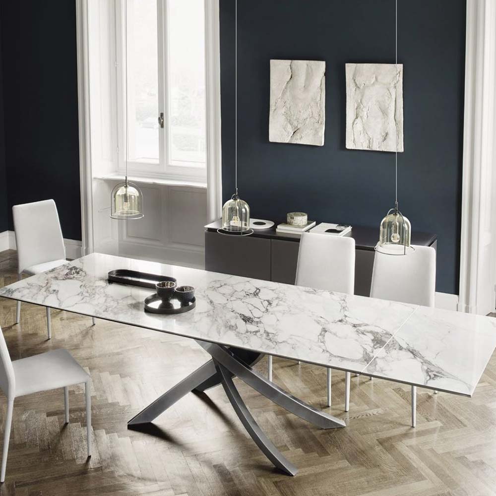 Ex Display Bontempi Artistico 160cm Dining Table Extending To 240cm - Glossy Arabascato Supermarble CM003A Natural Silver Frame M326