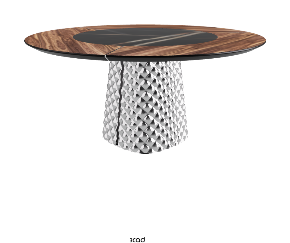 Diameter 160 x Height 74.5 cm_Walnut Canaletto_Mirrored Quilted Fumé Curved Glass_Glossy Sahara Noir