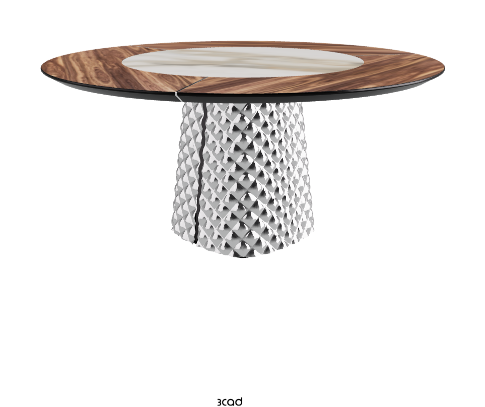 Diameter 160 x Height 74.5 cm_Walnut Canaletto_Mirrored Quilted Fumé Curved Glass_Matt Borghini Calacatta
