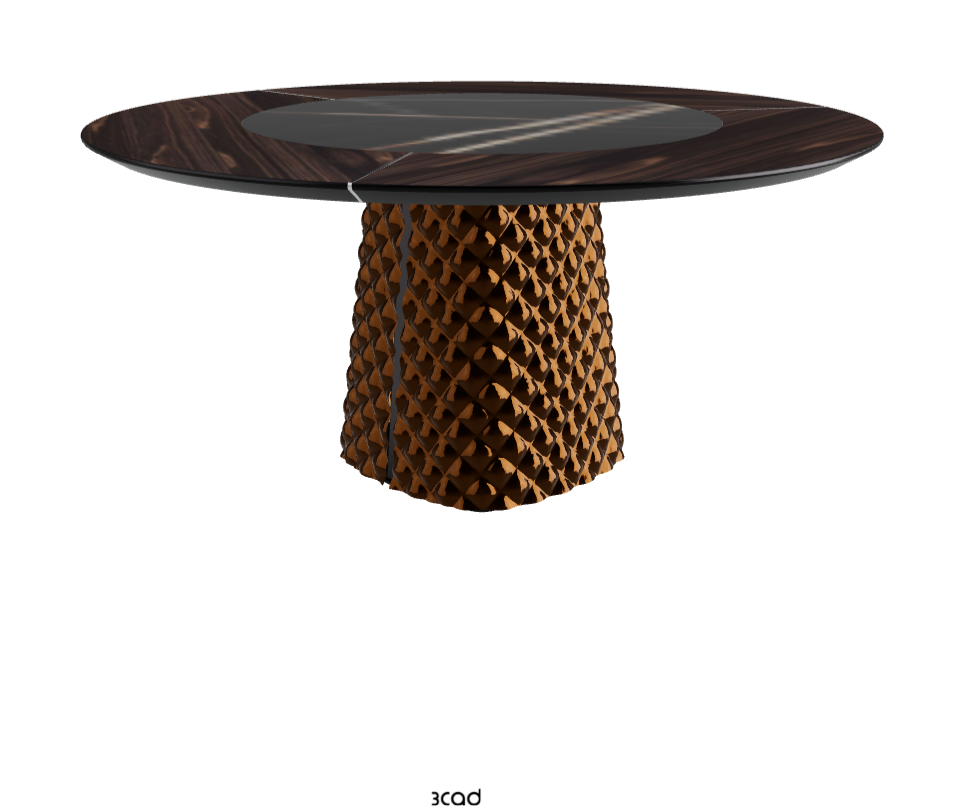 Diameter 160 x Height 74.5 cm_Burned Oak_Mirrored Quilted Bronze Curved Glass_Glossy Sahara Noir