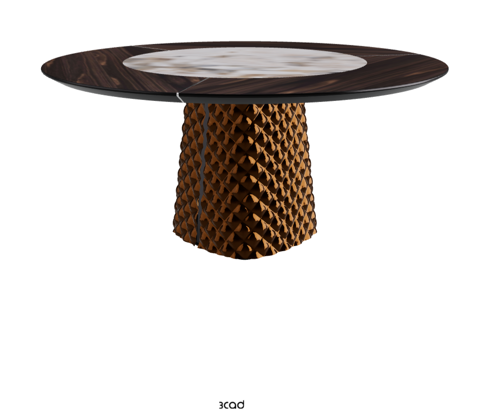 Diameter 160 x Height 74.5 cm_Burned Oak_Mirrored Quilted Bronze Curved Glass_Makalu