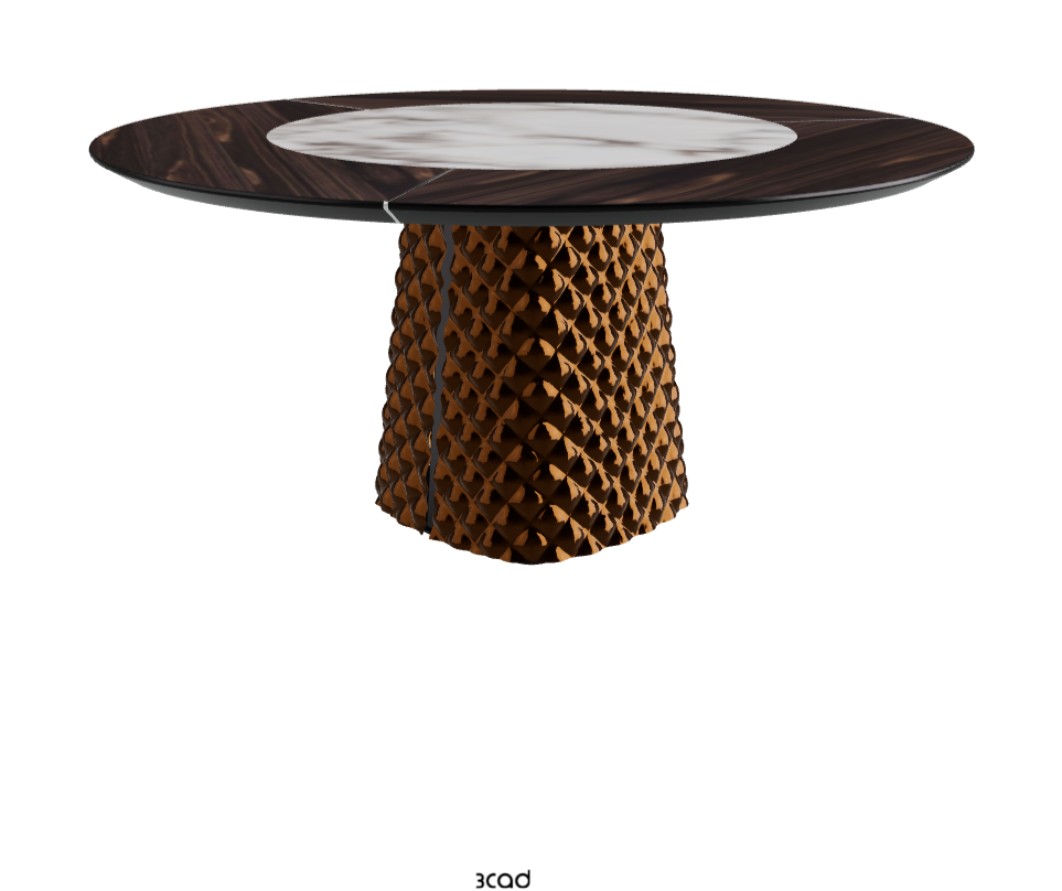 Diameter 160 x Height 74.5 cm_Burned Oak_Mirrored Quilted Bronze Curved Glass_Breccia