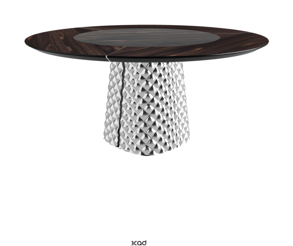 Diameter 160 x Height 74.5 cm_Burned Oak_Mirrored Quilted Fumé Curved Glass_Glossy Portoro