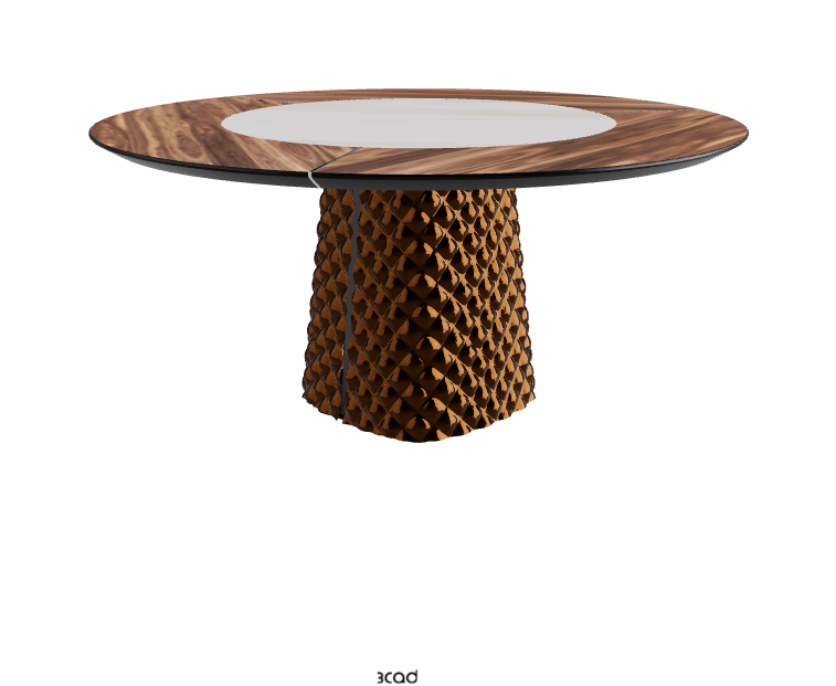 T Diameter 160 x Height 74.5 cm With Swivel_Walnut Canaletto_Mirrored Quilted Bronze Curved Glass_Glossy Golden Calacatta