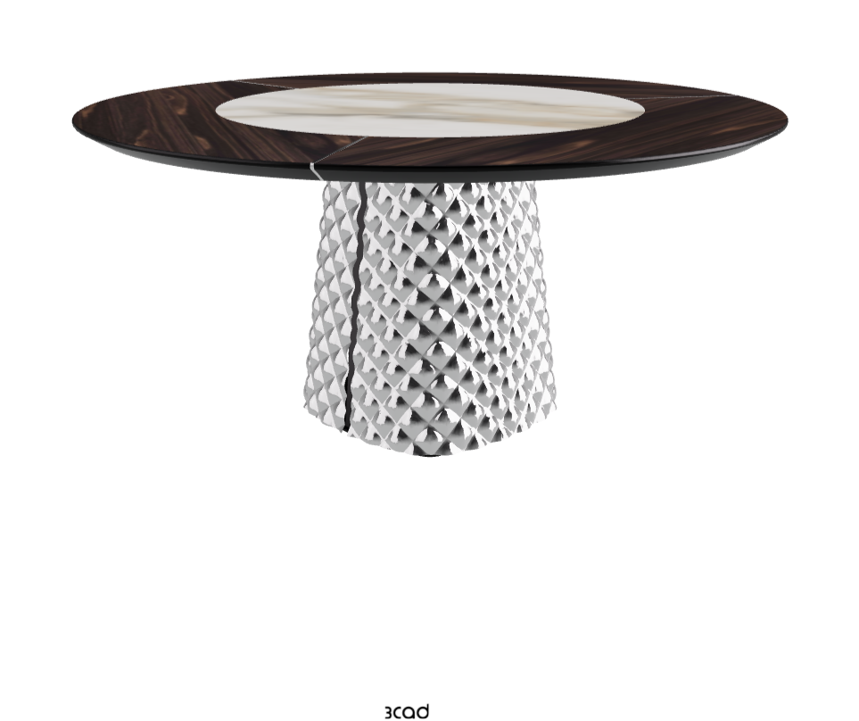 T Diameter 160 x Height 74.5 cm With Swivel_Burned Oak_Mirrored Quilted Fumé Curved Glass_Matt Borghini Calacatta