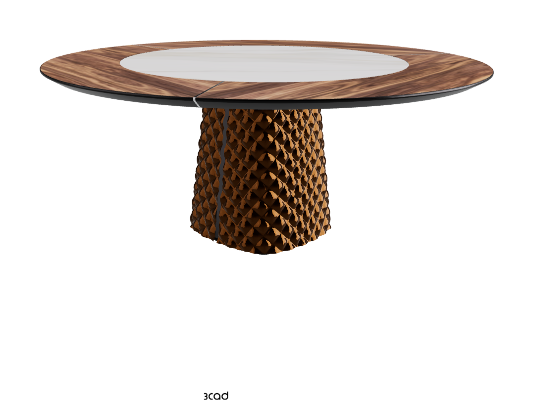 Diameter 180 x Height 74.5 cm_Walnut Canaletto_Mirrored Quilted Bronze Curved Glass_Matt Golden Calacatta