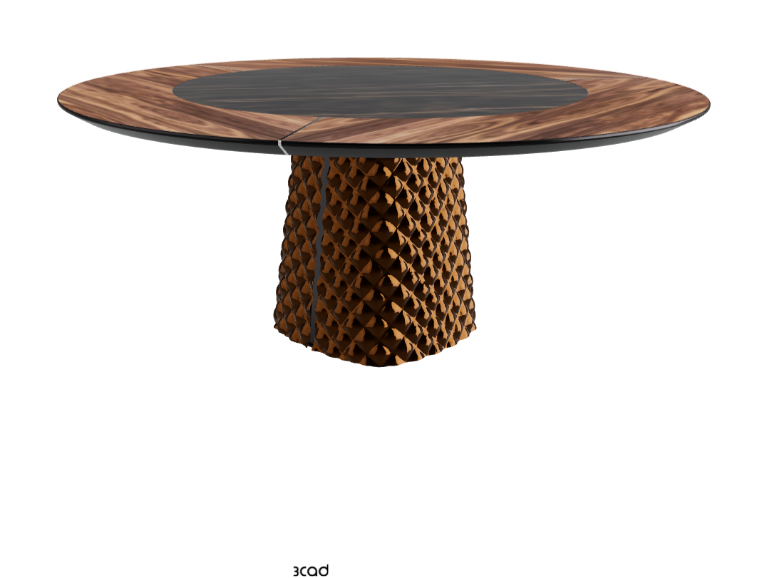 Diameter 180 x Height 74.5 cm_Walnut Canaletto_Mirrored Quilted Bronze Curved Glass_Glossy Portoro
