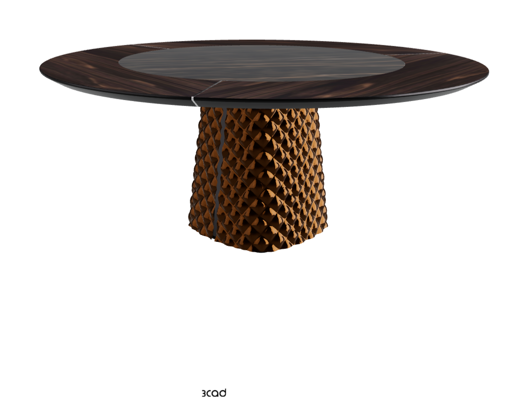 Diameter 180 x Height 74.5 cm_Burned Oak_Mirrored Quilted Bronze Curved Glass_Glossy Portoro