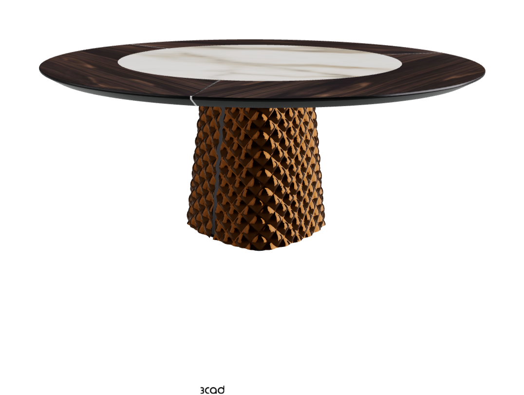 Diameter 180 x Height 74.5 cm_Burned Oak_Mirrored Quilted Bronze Curved Glass_Matt Borghini Calacatta
