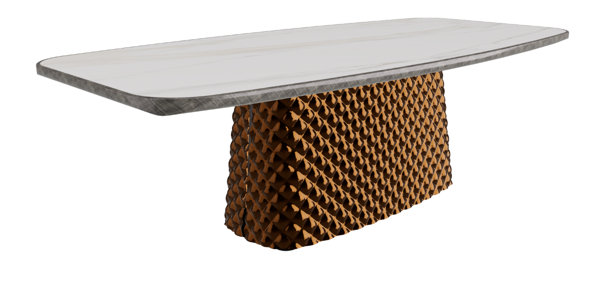 240x120x75h Barrel Shaped_Glossy Golden Calacatta_Mirrored Quilted Bronze Curved Glass_Brushed Grey