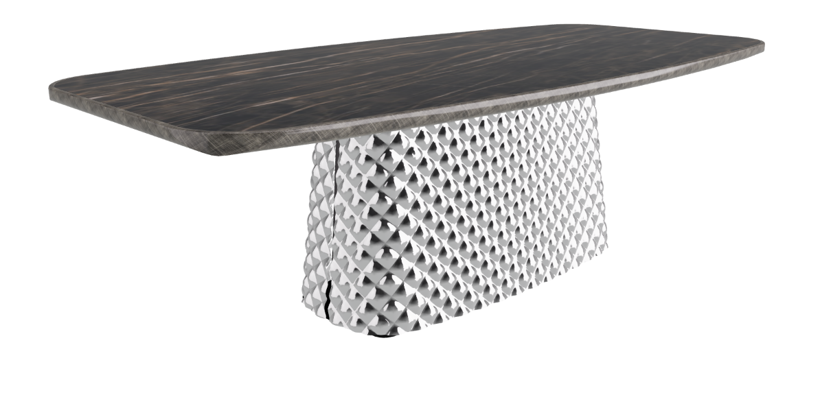 240x120x75h Barrel Shaped_Glossy Portoro_Mirrored Quilted Fumé Curved Glass_Brushed Grey