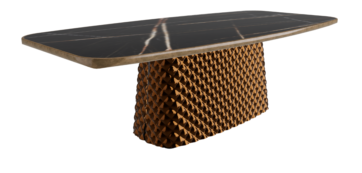 240x120x75h Barrel Shaped_Glossy Sahara Noir_Mirrored Quilted Bronze Curved Glass_Brushed Bronze