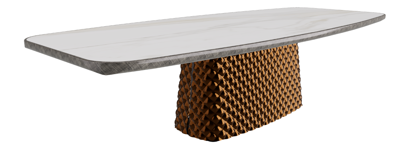 300x128x75h Barrel Shaped_Matt Golden Calacatta_Mirrored Quilted Bronze Curved Glass_Brushed Grey