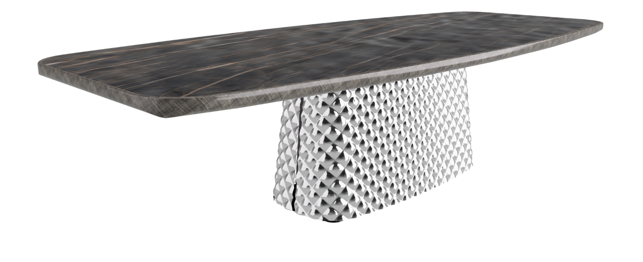 300x128x75h Barrel Shaped_Matt Portoro_Mirrored Quilted Fumé Curved Glass_Brushed Grey