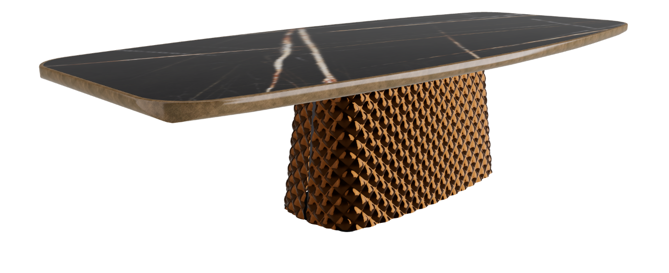 300x128x75h Barrel Shaped_Glossy Sahara Noir_Mirrored Quilted Bronze Curved Glass_Brushed Bronze