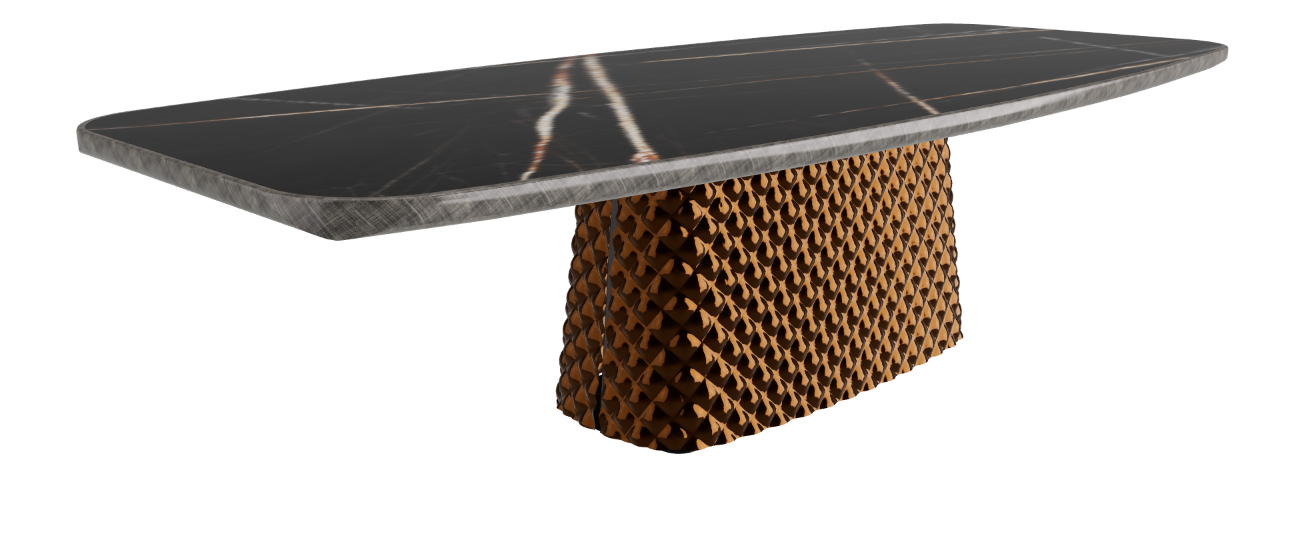 300x128x75h Barrel Shaped_Glossy Sahara Noir_Mirrored Quilted Bronze Curved Glass_Brushed Grey