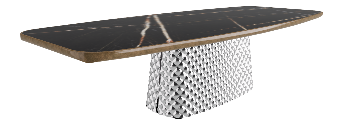 300x128x75h Barrel Shaped_Glossy Sahara Noir_Mirrored Quilted Fumé Curved Glass_Brushed Bronze