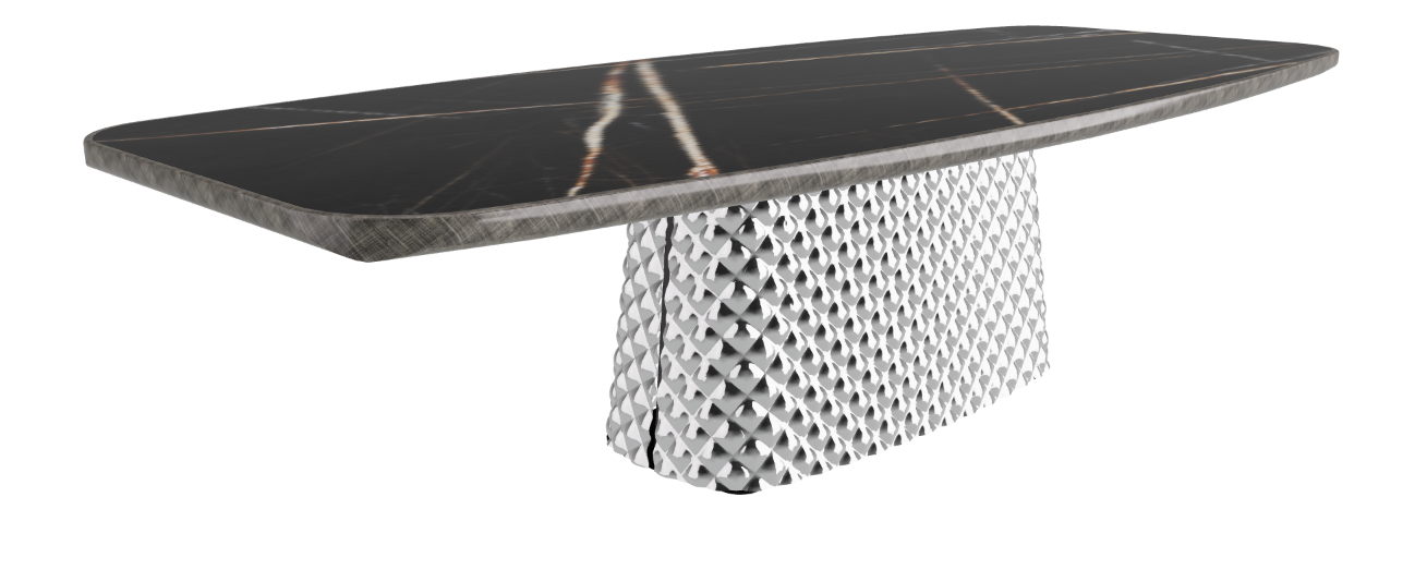 300x128x75h Barrel Shaped_Glossy Sahara Noir_Mirrored Quilted Fumé Curved Glass_Brushed Grey
