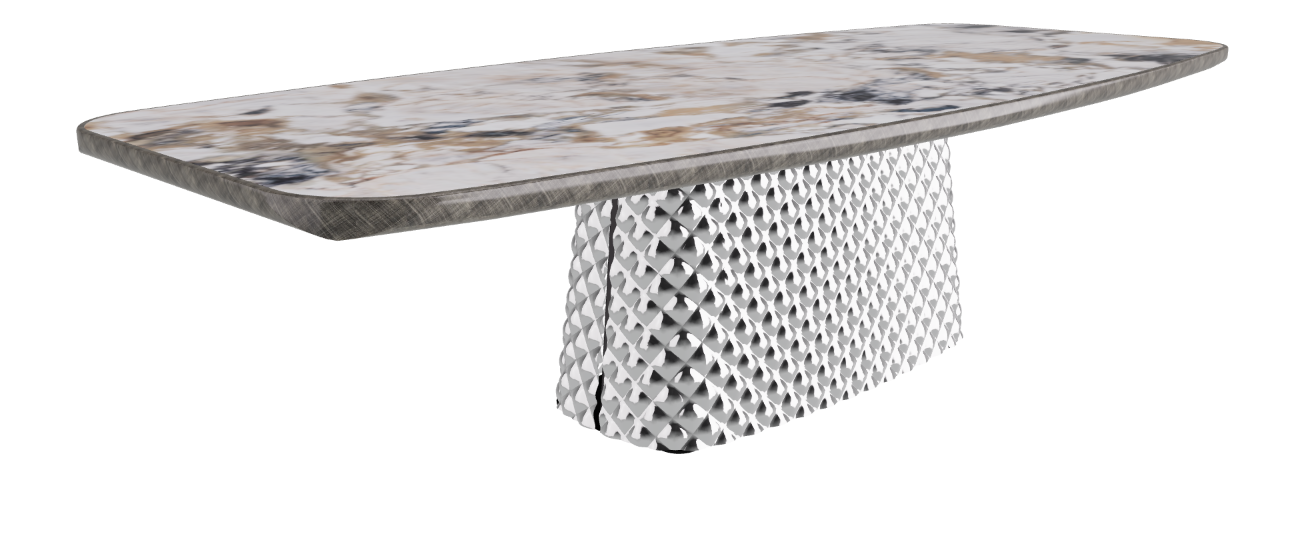 300x128x75h Barrel Shaped_Makalu_Mirrored Quilted Fumé Curved Glass_Brushed Grey