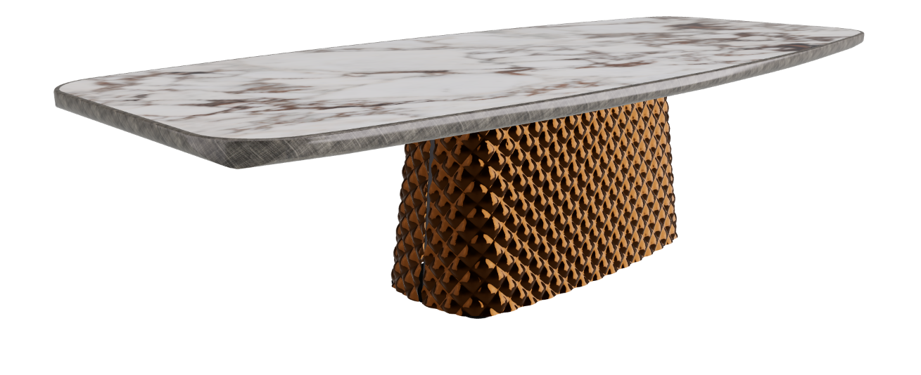 300x128x75h Barrel Shaped_Breccia_Mirrored Quilted Bronze Curved Glass_Brushed Grey