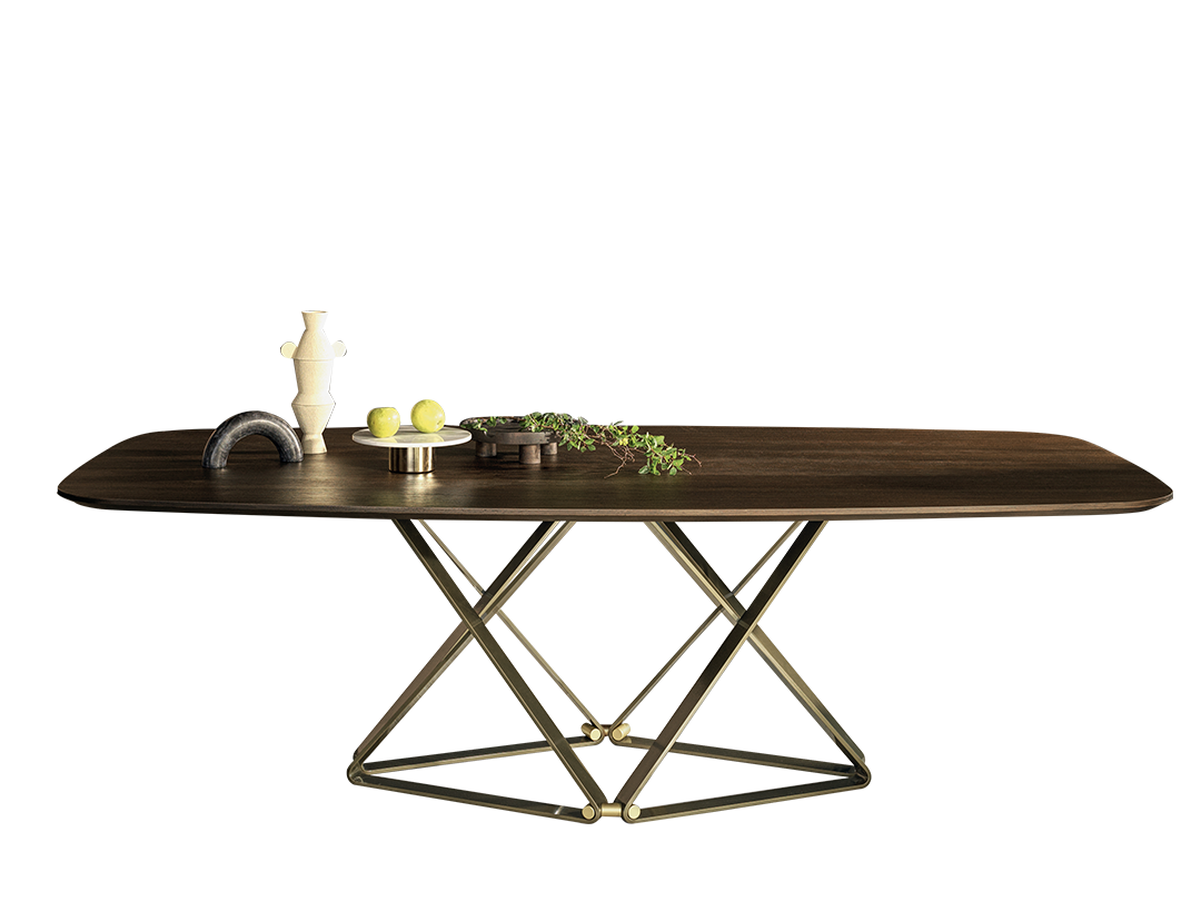 Delta Fixed rectangular table with lacquered metal frame and decorative details