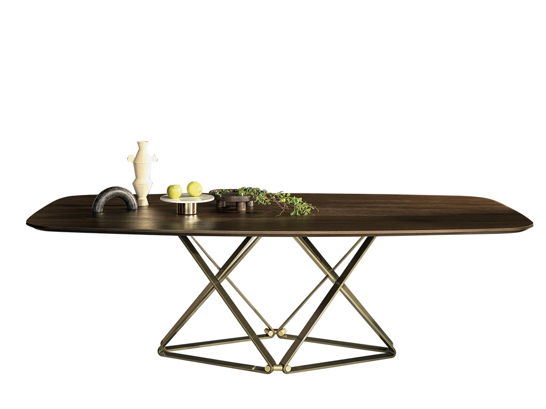 Delta Fixed table with barrel shaped top with lacquered metal frame and decorative details