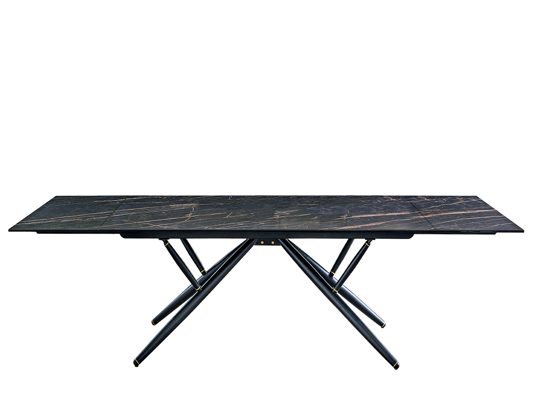 Bridge Fixed rectangular table with lacquered metal frame and decorative details