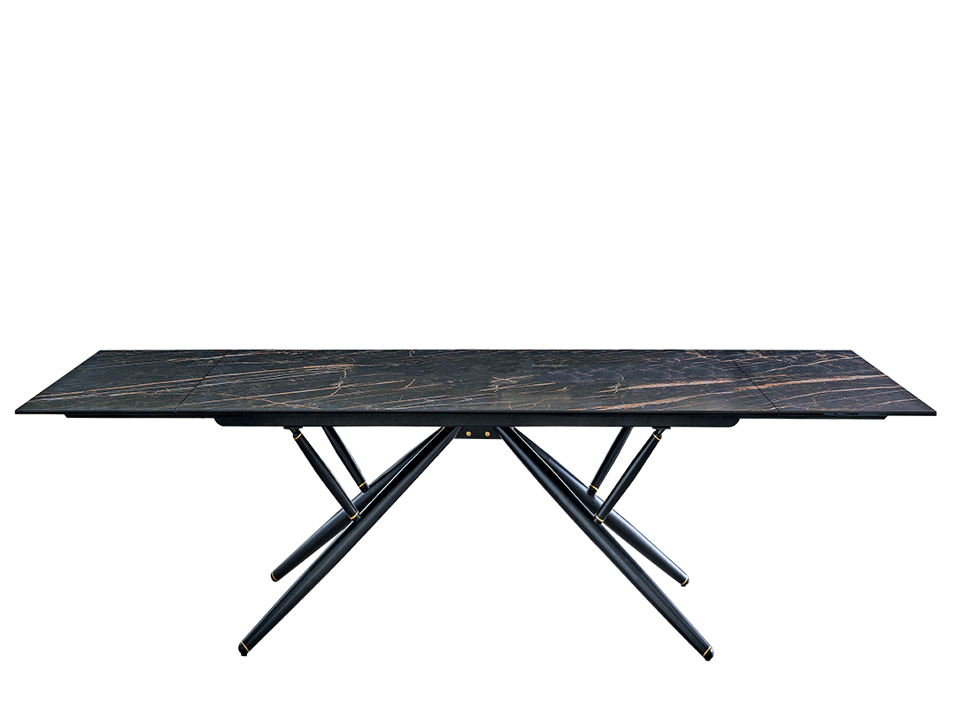 Bridge Fixed table with barrel shaped top with lacquered metal frame and decorative details