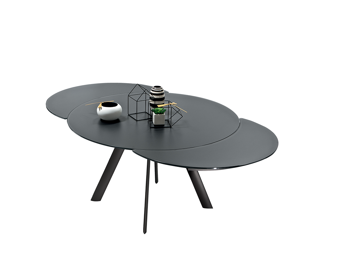 Giro Round extending table with base in stainless metal and elliptical column in stainless Steel or lacquered Metal