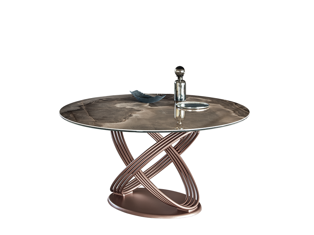 Fusion Round Fixed round table with ring top in Veneer wood and central turntable in glass