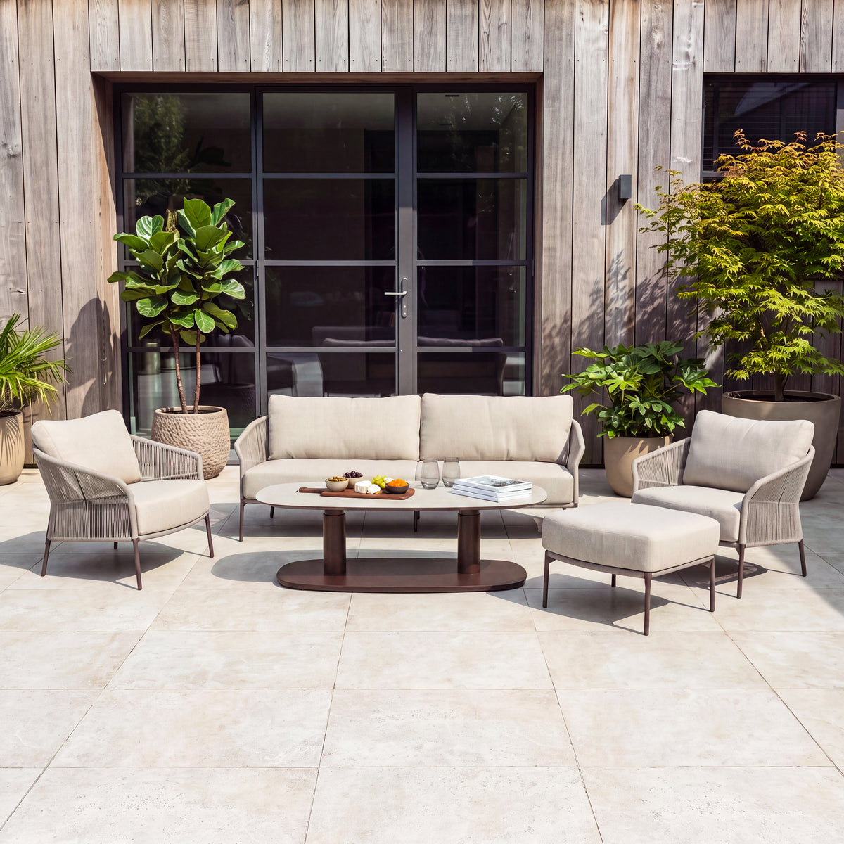 4 Seasons Outdoor Florence 5 Seat Lounge - Paros HAT140cm Drum Ceramic Table & Footstool