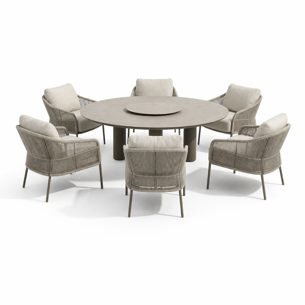 4 Seasons Outdoor Florence 6 Seat Donato 160cm Round Ceramic Low Dining Table & Lazy Susan