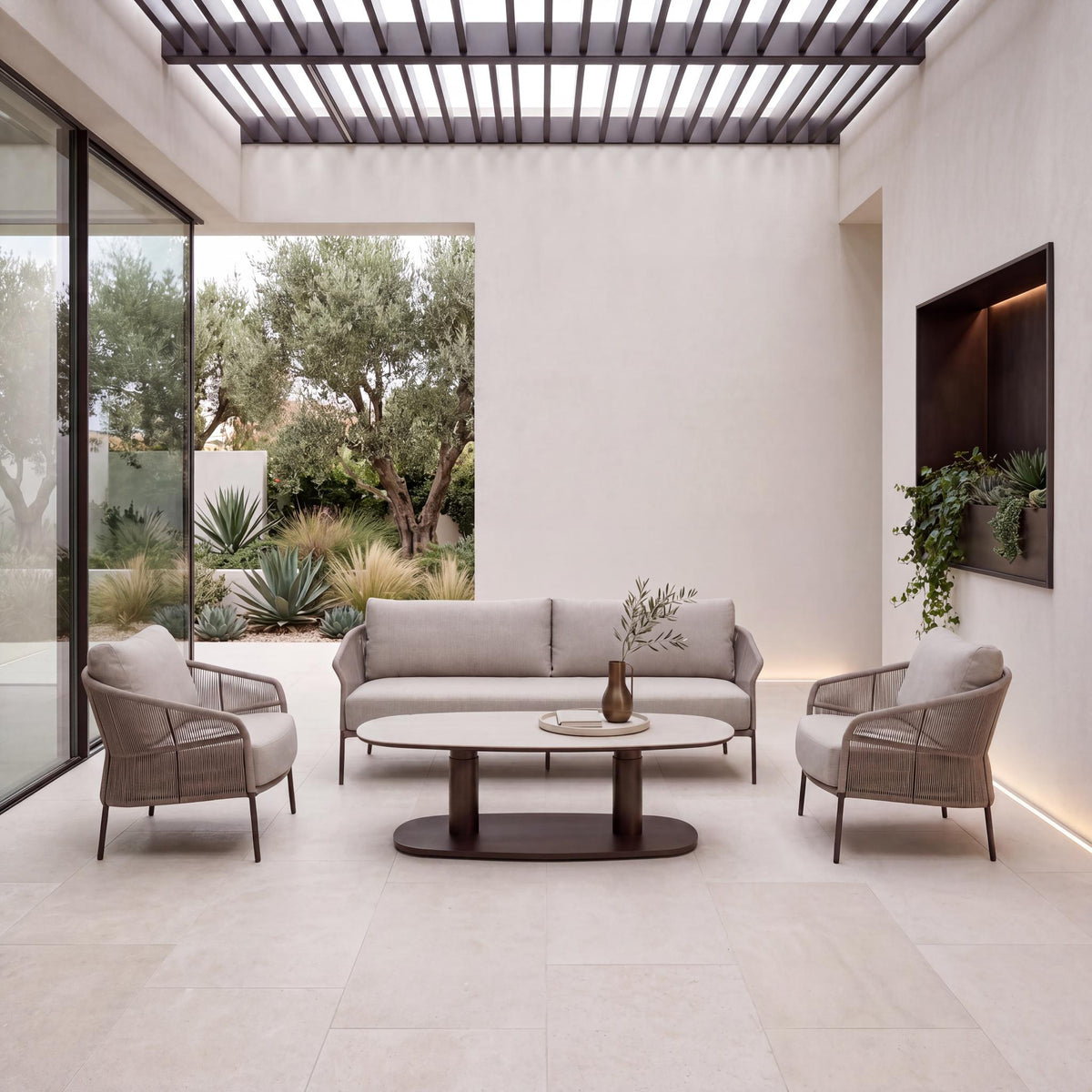 4 Seasons Outdoor Florence 5 Seat Lounge - Paros HAT140cm Drum Ceramic Table & Footstool
