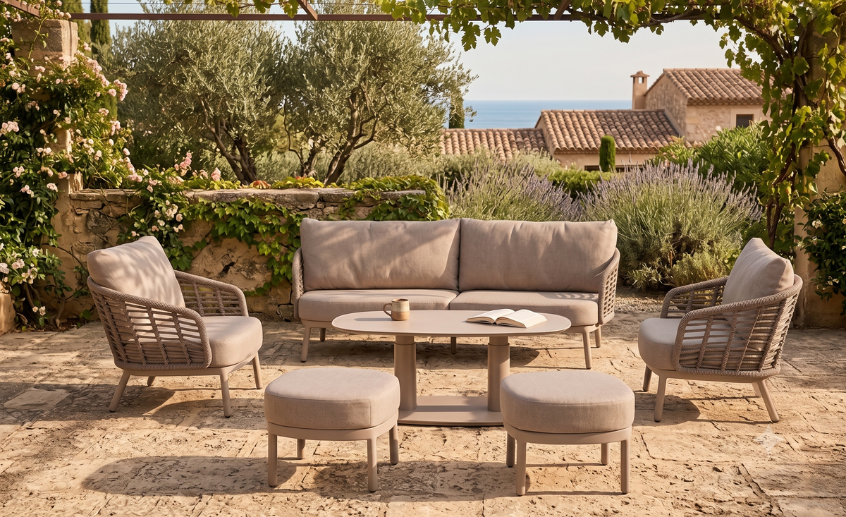 4 Seasons Outdoor Puglia 7 Seat Lounge Paros 140cm Drum Ceramic Table & Stools