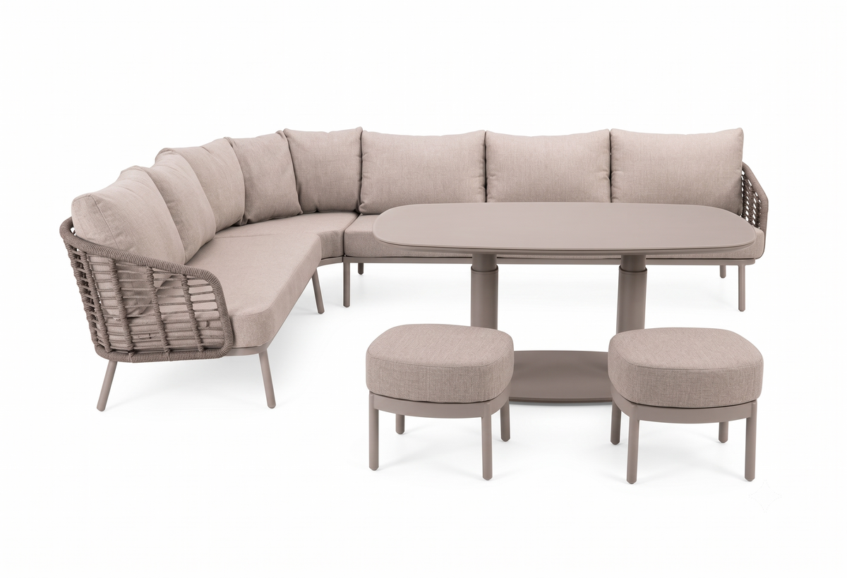 4 Seasons Outdoor Puglia 8 Seat Corner Set Paros 140cm Drum Ceramic Table & Stools