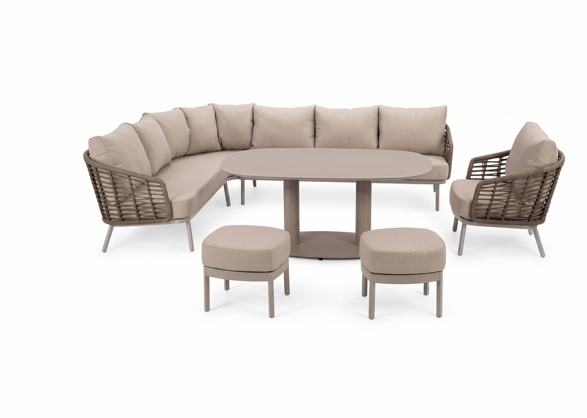 4 Seasons Outdoor Puglia 9 Seat Corner Set with Paros 140cm Drum Ceramic Table, Stools & Armchair