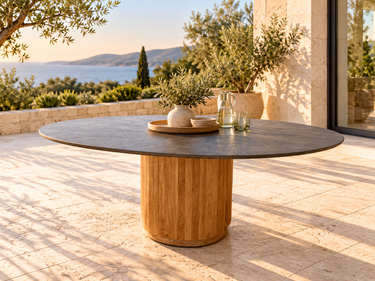 Manutti Ogado Ø148cm Round Dining Table – Rust Ceramic & Teak | Showroom Special Offer