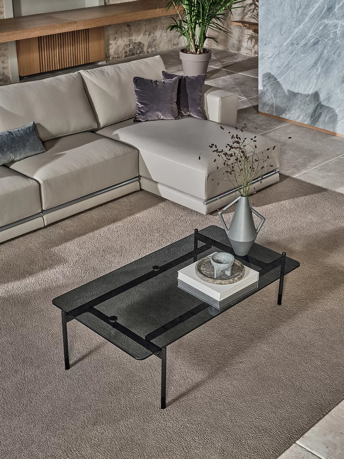 Karol Coffee table with metal frame and top in transparent glass and Veneer